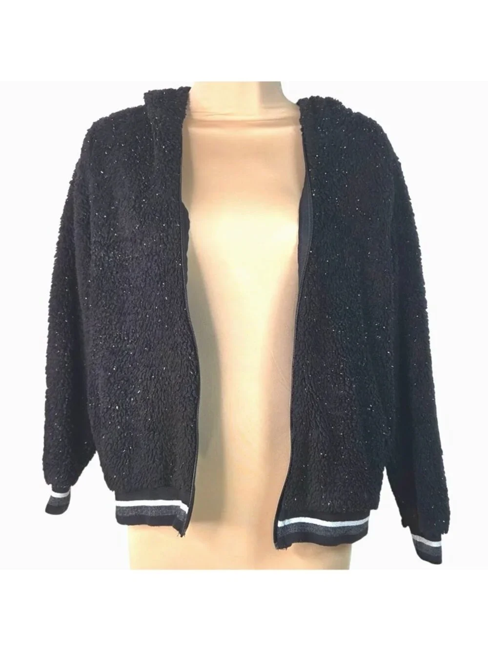Wonder Nation Girls Black Hooded Sherpa Jacket XL (14-16) Sparkle Ribbed Trim